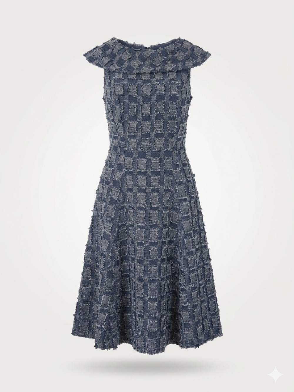 NWT Eva Mendes x NY&Co Blue Tweed Fringed Fit & Flare Midi Dress Size 2